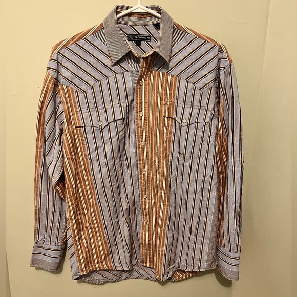 Roper - Men’s Small - Pearl Snap Western Style Shirt - 100% Cotton - Blue & Tan - Picture 3 of 12